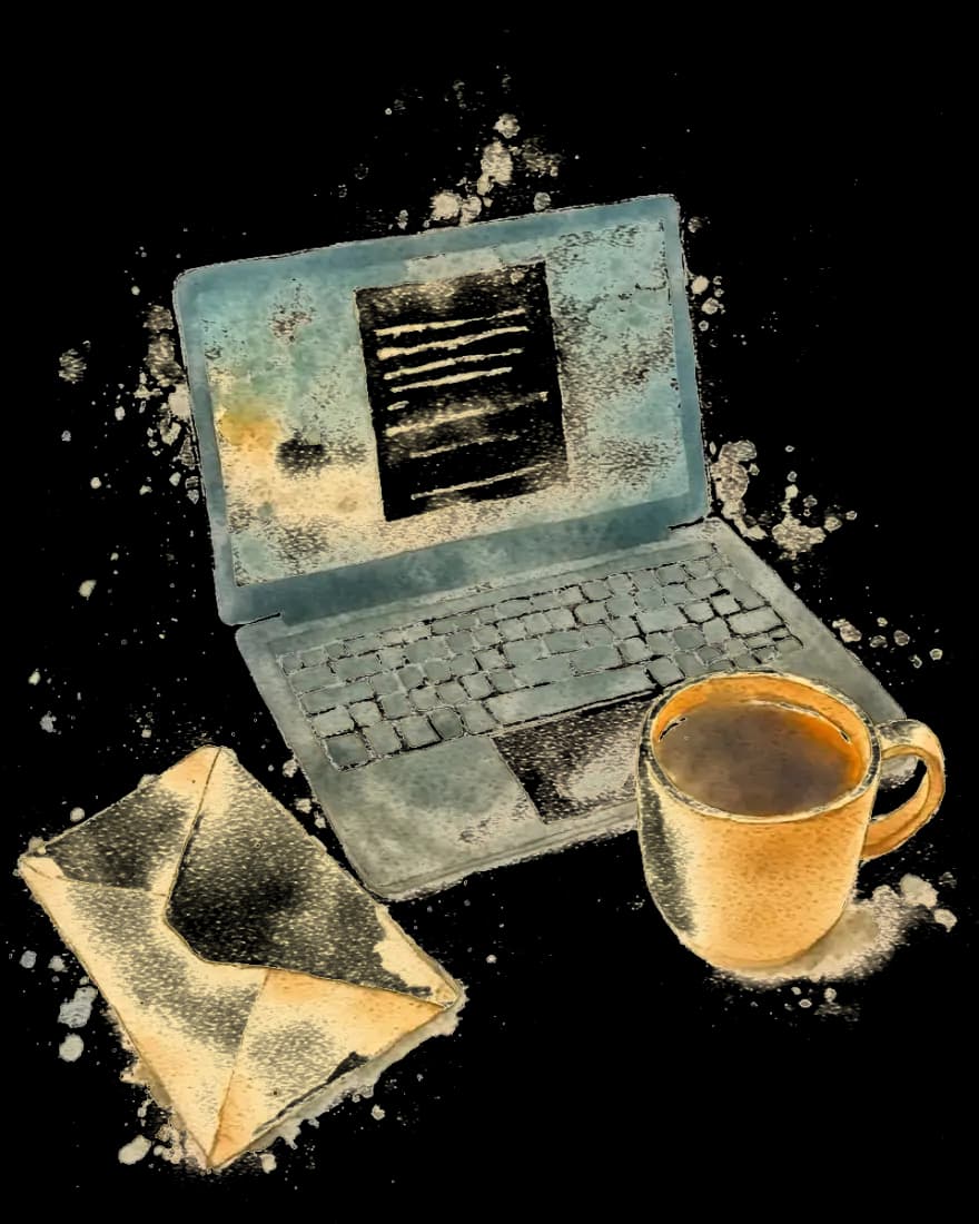 Watercolor: otevřený notebook s neurčitým chatovým rozhraním, vedle dopis od pojišťovny a hrnek studeného čaje. Pozdně večerní amber tóny.