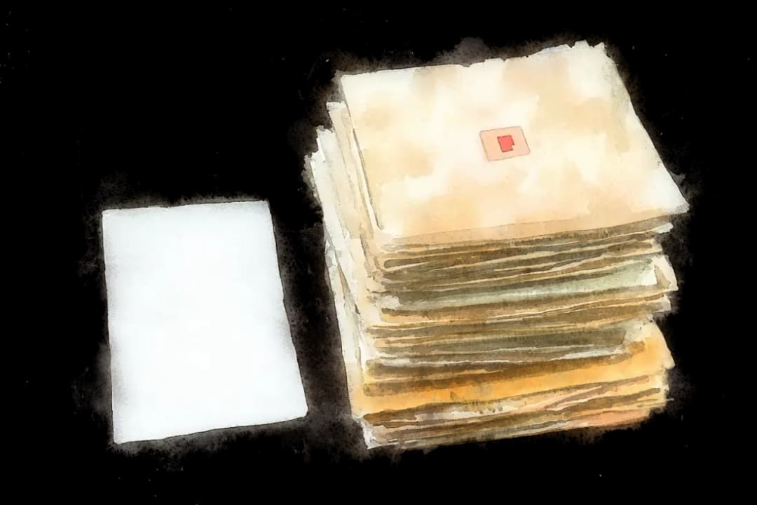 Watercolor: dvě obálky vedle sebe na stole. Vlevo tenká obálka s malým razítkem pojišťovny, vpravo silnější složka převázaná motouzem s razítkem soudního znalce a vyčuhujícími lékařskými posudky.